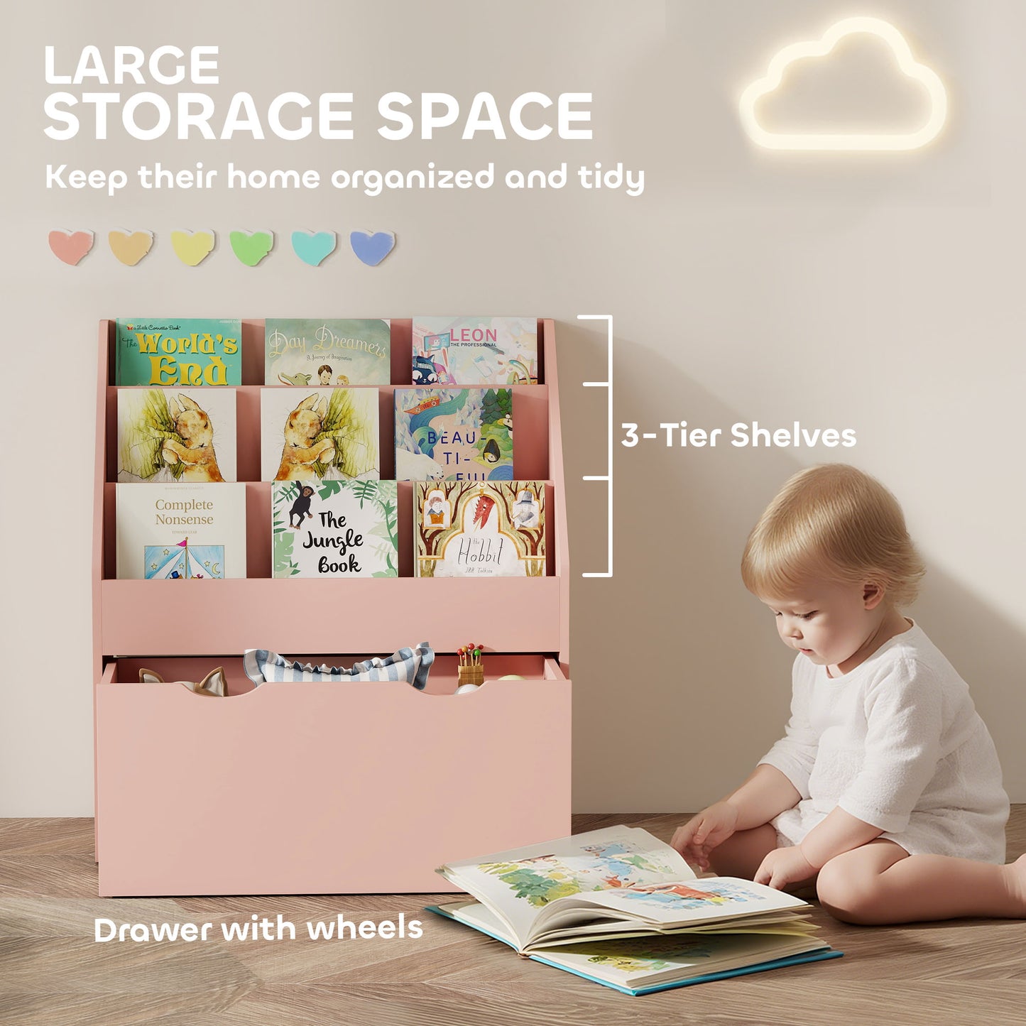 Bookcase for Kids with Shelves, Drawer, Bookcase for Bedroom, Playroom, Pink