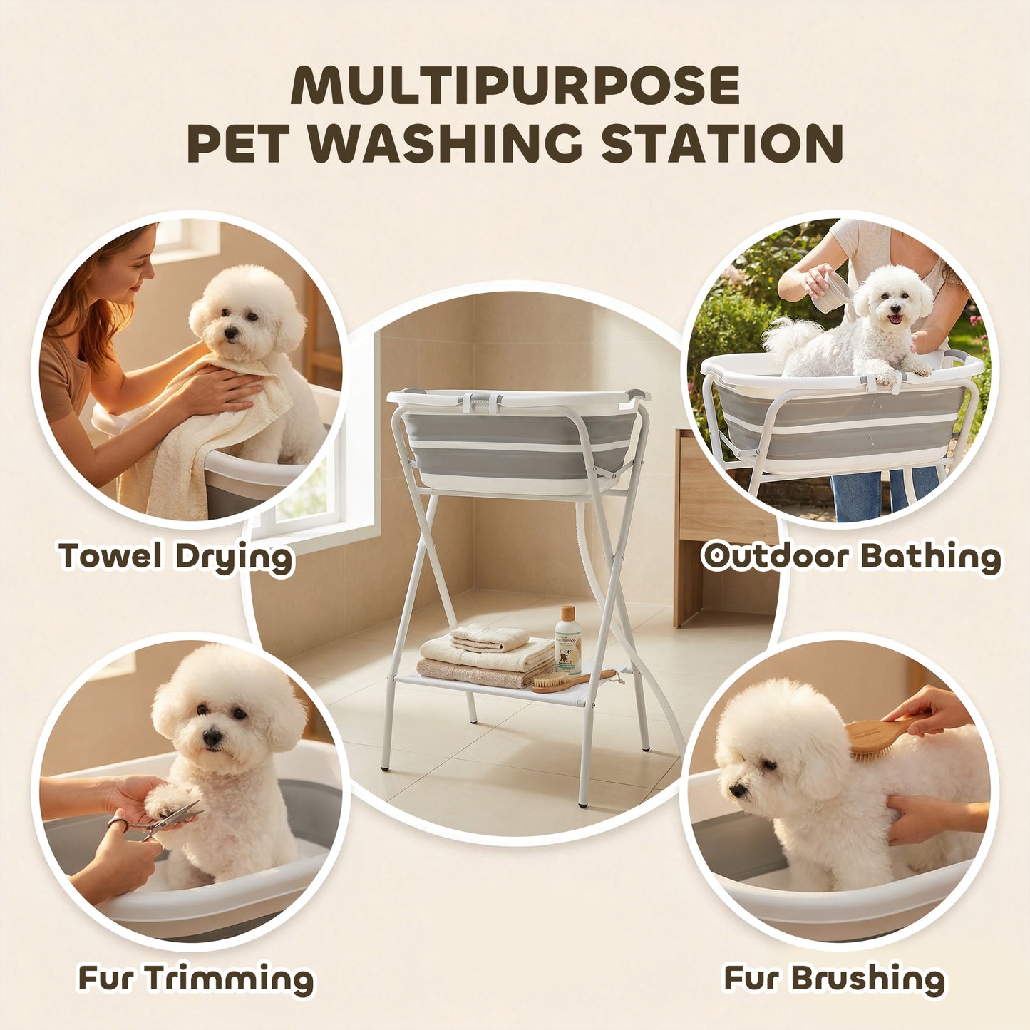 Dog Bath Tub, Portable Foldable Dog Bathtub with Stand, Drainage Hole, for Small Dogs Puppies Grey