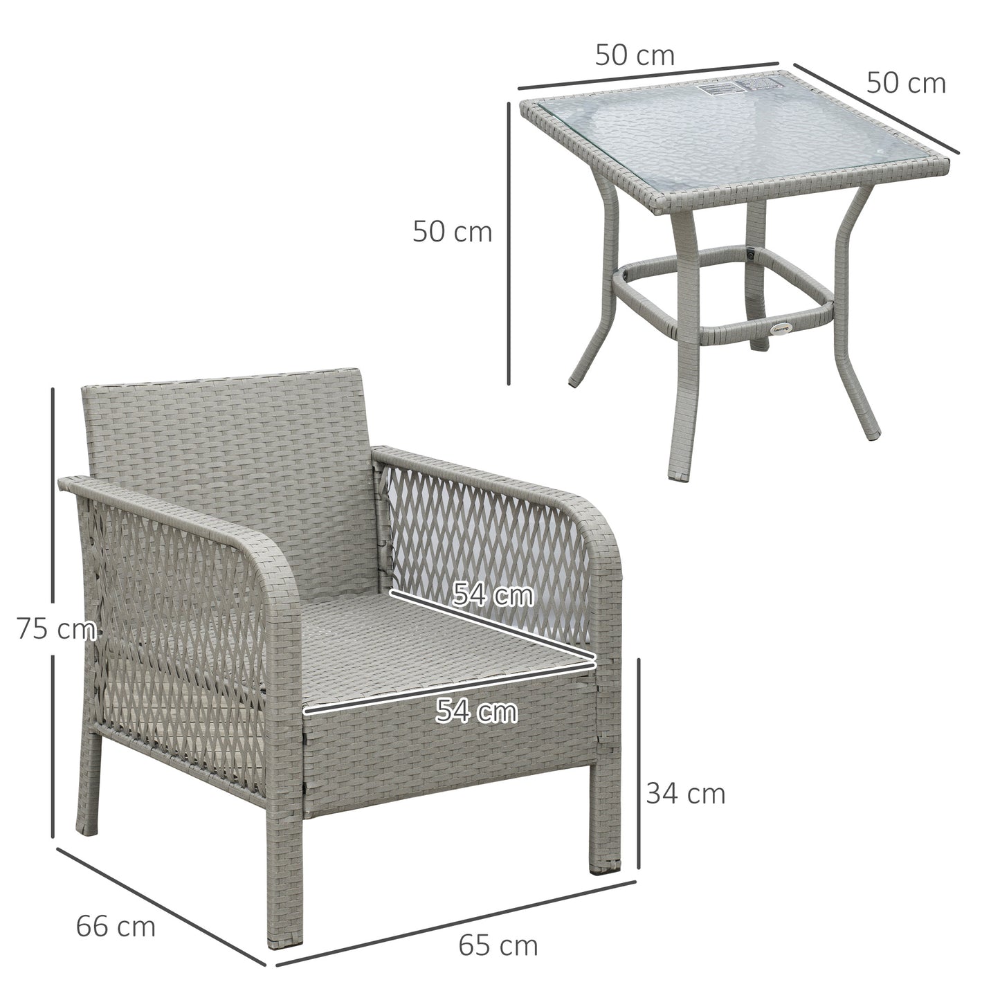 3 Pieces Rattan Bistro Set with Glass Top Coffee Table, Chairs and Cushions for Outdoor, Patio, Balcony, Grey