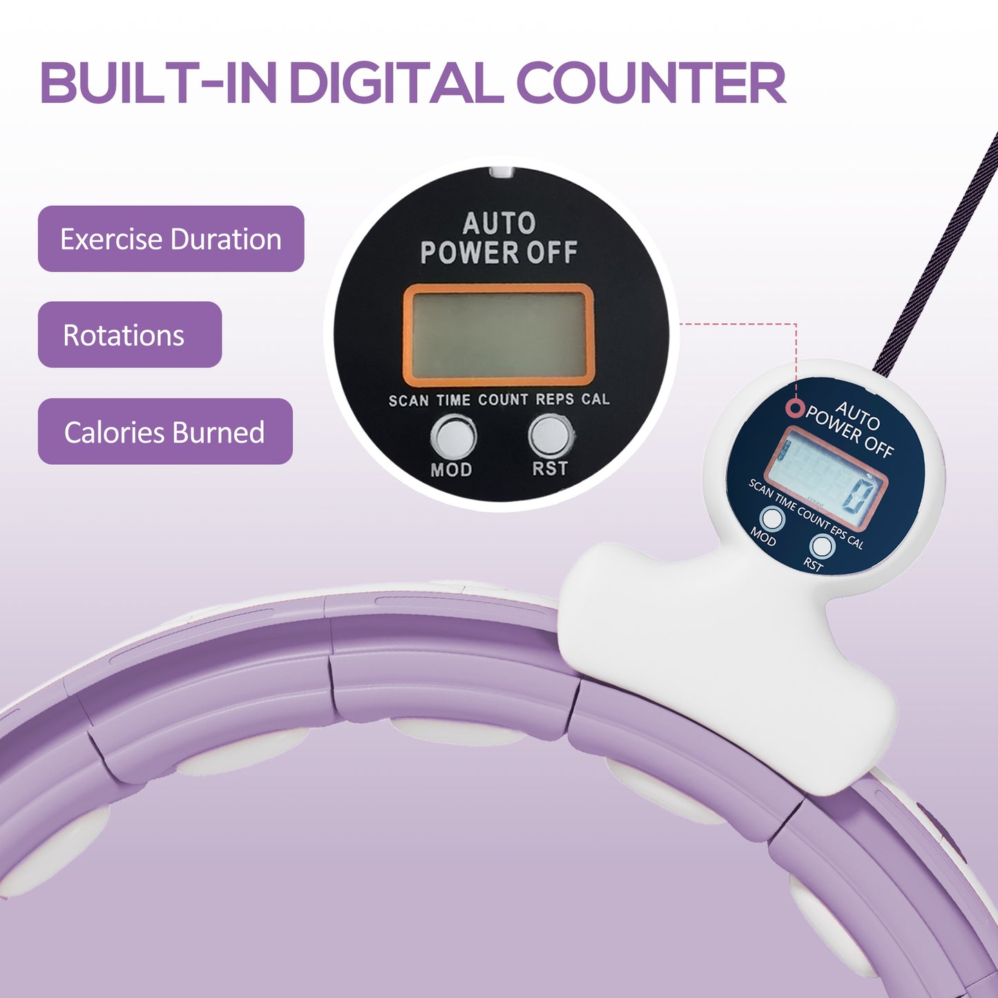 Smart Weighted Hula Hoop, Massage Hula Ring w/ 16 Detachable Knots, 360° Auto-Rotating Ball, Digital Counter, Purple