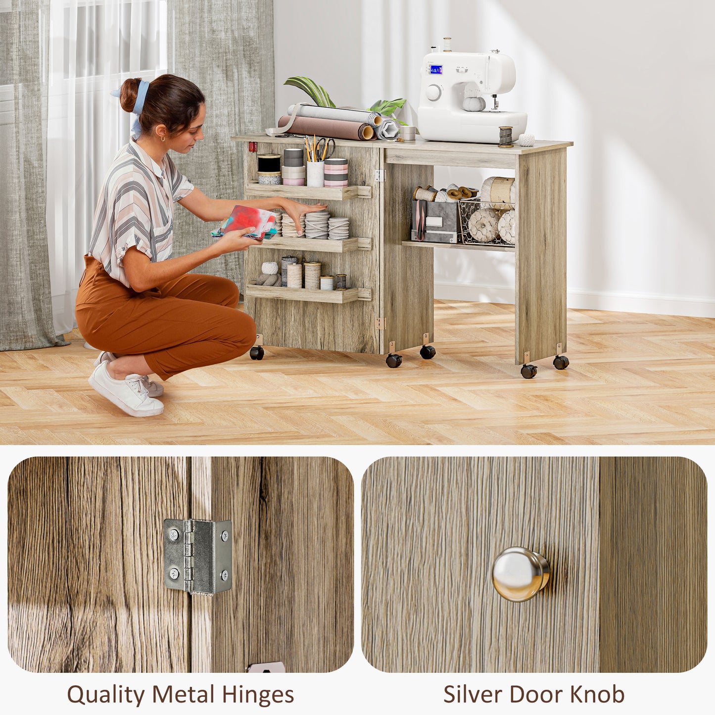 Folding Sewing Table, Drop Leaf Craft Table with Storage Bins, Open Shelf and Wheels