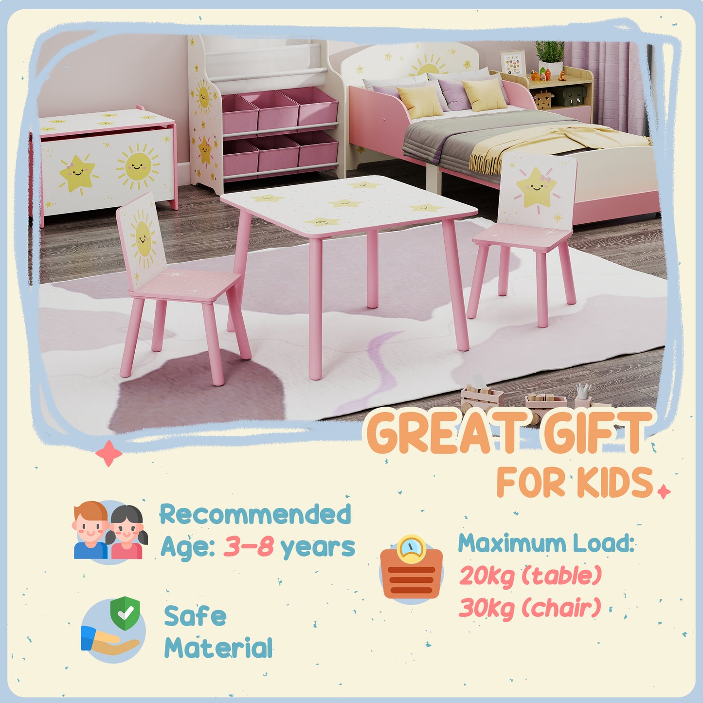 3-Piece Toddler Table and Chair Set, Kids Table with 2 Chairs Set for Bedroom, Nursery, Playroom, Pink