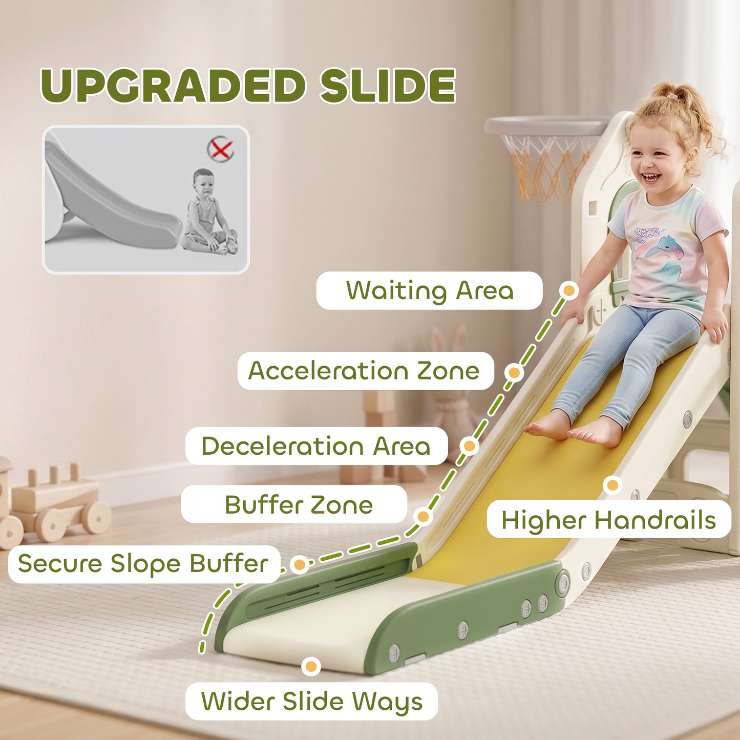 Foldable 5 in 1 Toddler Slide with Ladder, Climbing Wall, Basketball Hoop, Storage and Basketball for 1-3 Years, Cream
