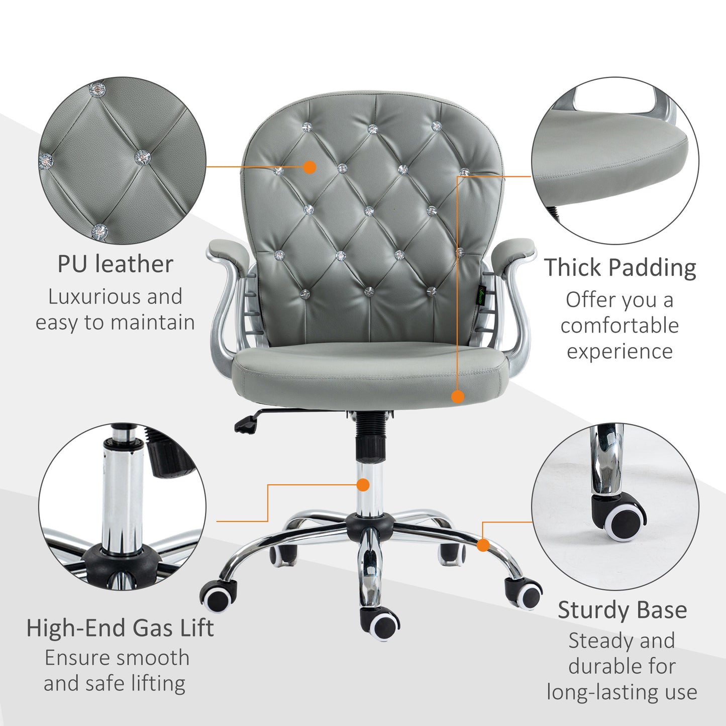 Office Chair Ergonomic 360° Swivel PU Diamante Padded Base 5 Castor Wheels for Home Work Grey