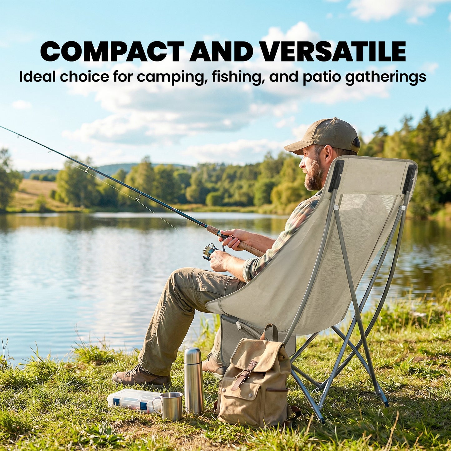 Camping Chair for Adults Heavy Duty Folding Camp Chair with Side Pocket and Carry Bag Khaki