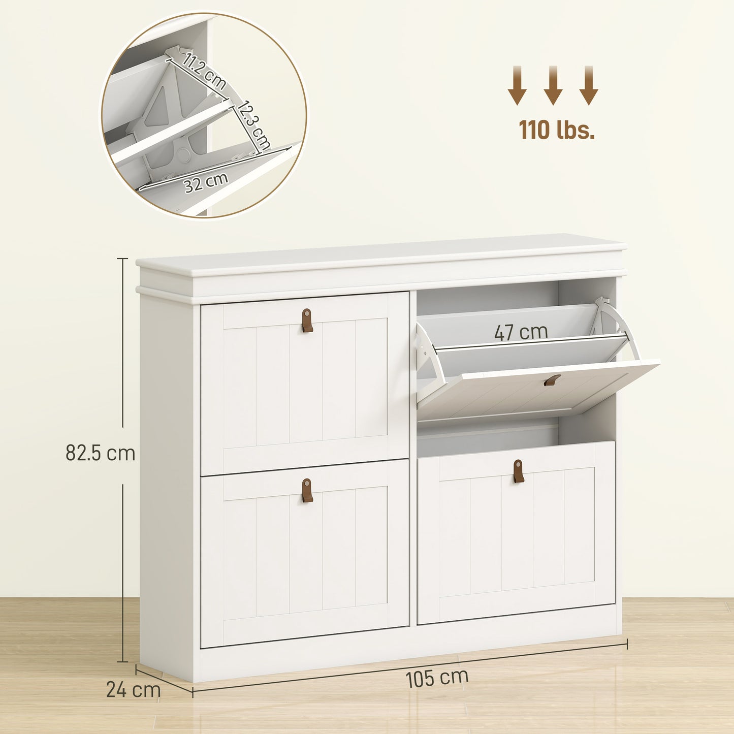 Slim Shoe Cabinet, Shoe Cabinet with 4 Drop-Down Drawers, 105W x 24D x 82.5H cm, White