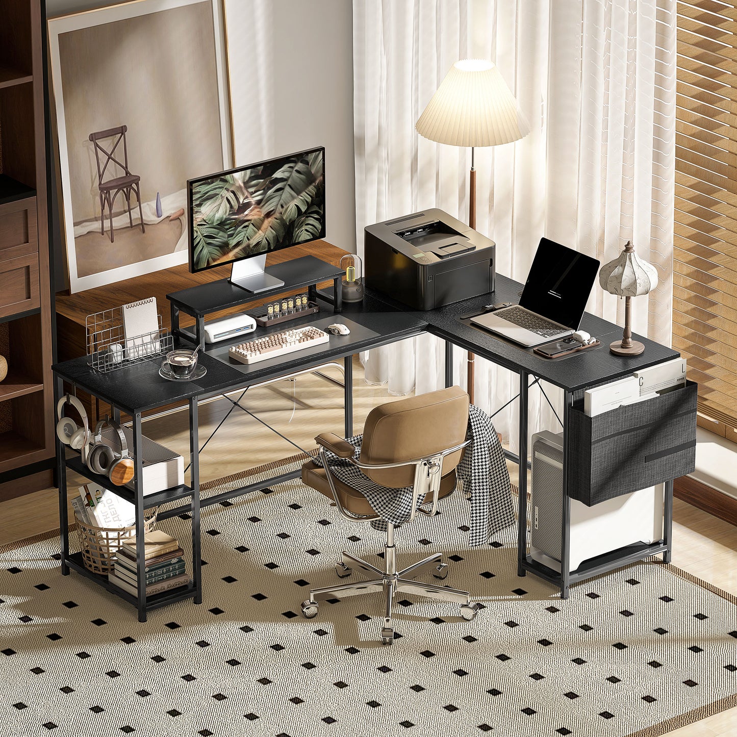 168cm Reversible L Shaped Desk, Industrial Corner Computer Desk with Adjustable Shelf and Storage Bag