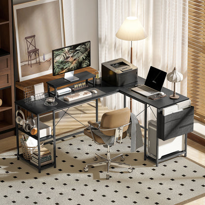 168cm Reversible L Shaped Desk, Industrial Corner Computer Desk with Adjustable Shelf and Storage Bag