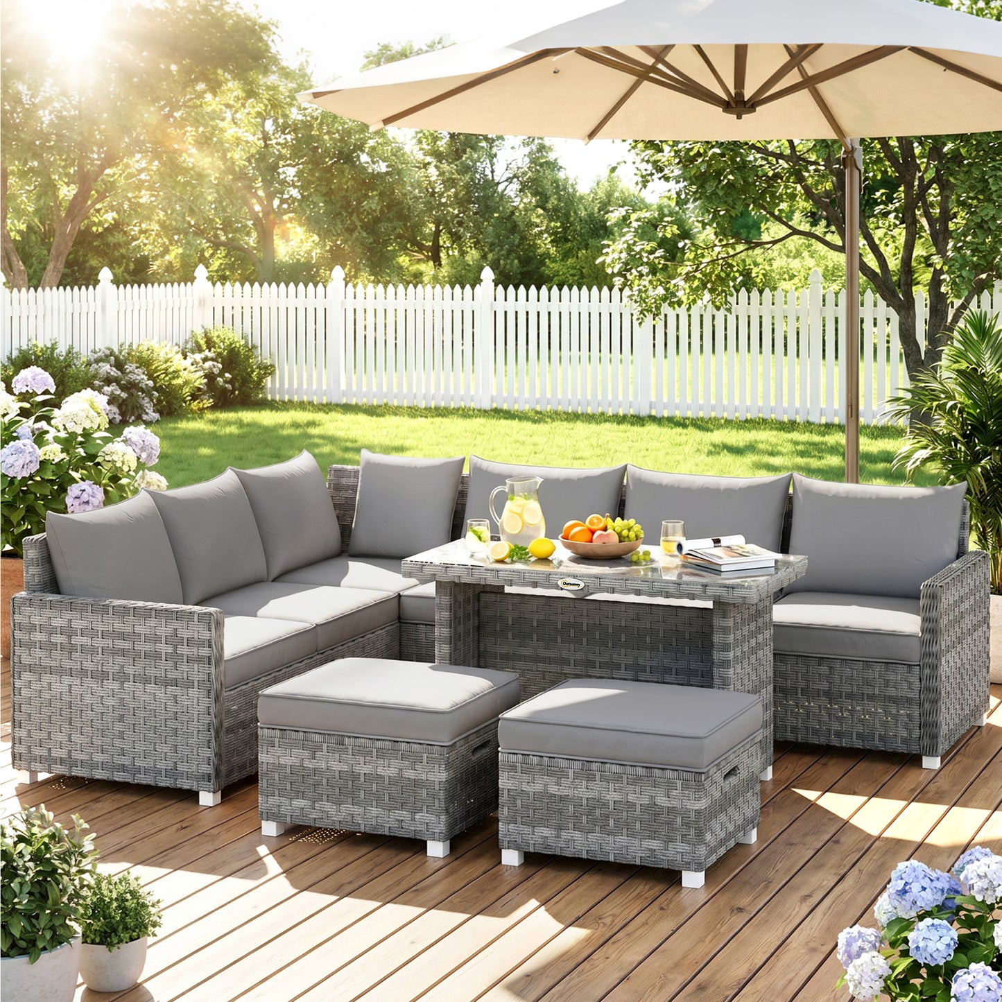 6 Seater Rattan Garden Furniture Set with 3 Sofas, 2 Footstools, Table, Patio Rattan Furniture Sofa Sets, Grey