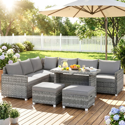 6 Seater Rattan Garden Furniture Set with 3 Sofas, 2 Footstools, Table, Patio Rattan Furniture Sofa Sets, Grey
