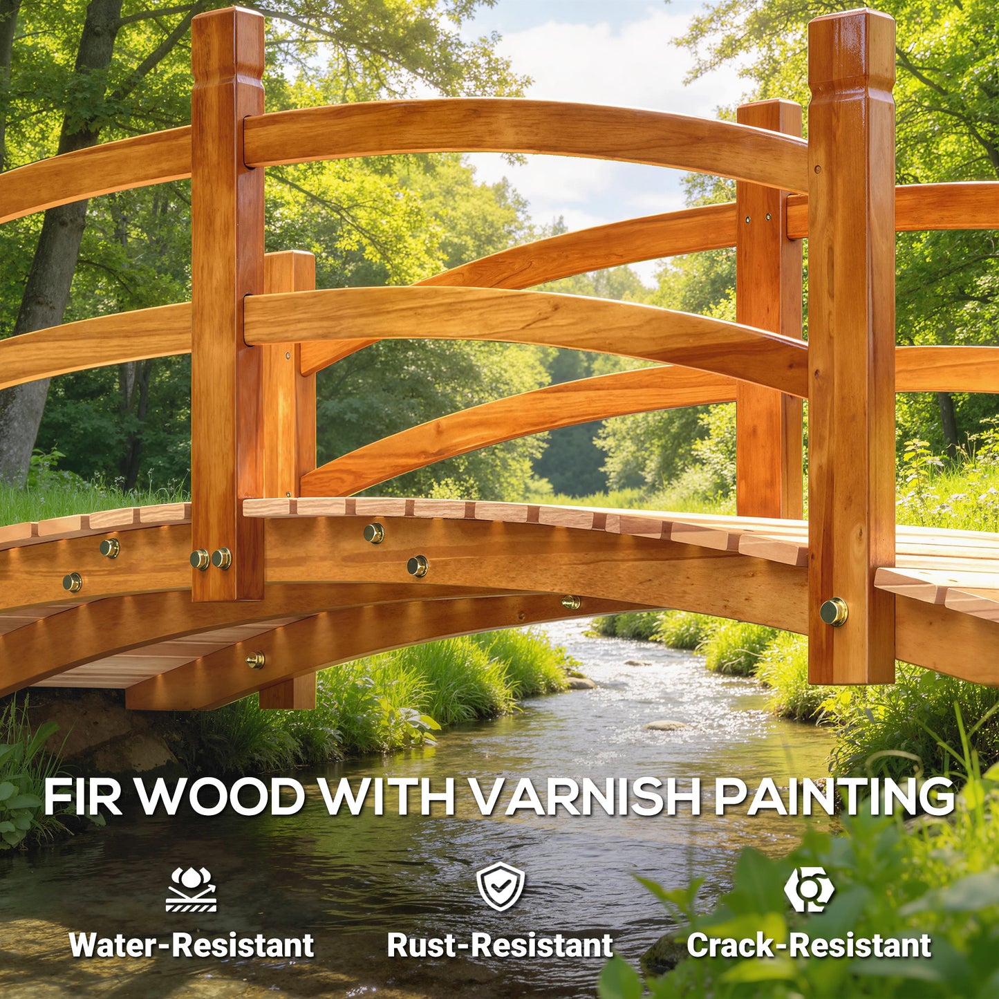 6FT Wooden Garden Bridge with Safety Railings, Classic Arc Footbridge for Stream Pond Walkway, Orange