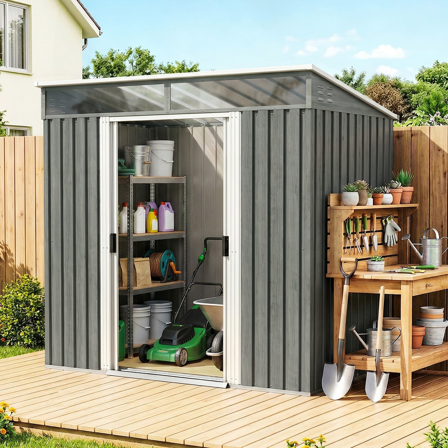 6.5 x 4FT Galvanised Metal Shed with Foundation Kit, Lockable Tool Garden Shed with Double Sliding Doors, Vents