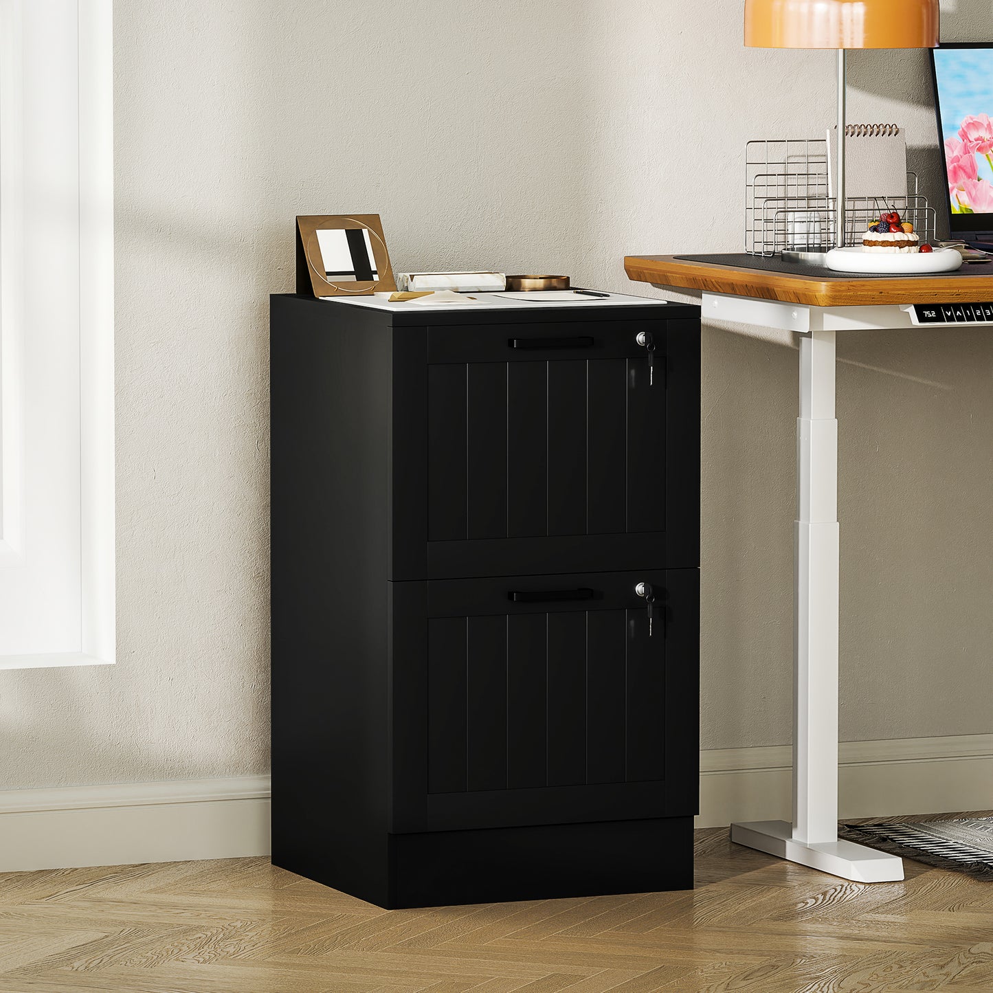2 Drawer Filing Cabinet with Lock, Office Storage Cabinet with Adjustable Hanging Bars for A4 Letter Size Files, Black