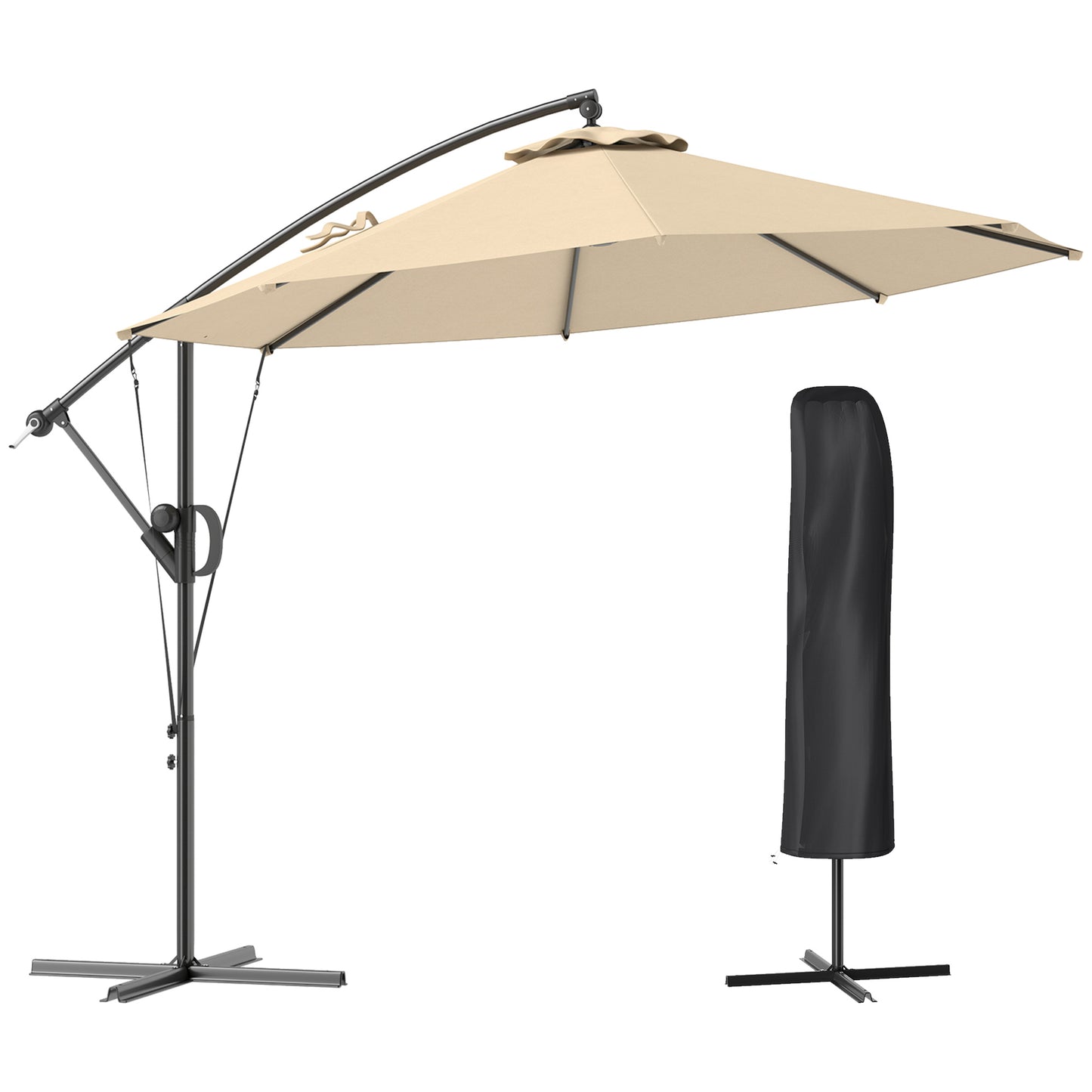 3(m) Garden Cantilever Parasol with Cover and Wind Protection Strap, Round Overhanging Umbrella with Crank Handle and Tilt