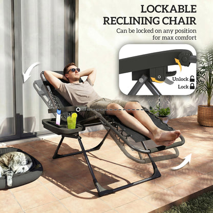 Zero Gravity Chairs Set of 2, Folding Sunloungers Reclining Garden Chairs with Cup Holder, Headrest, Black