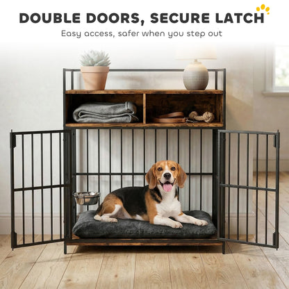Dog Crate Furniture, Dog Cage with Rotatable Feeding Station and Storage Shelves, End Side Table Indoor Pet Kenne