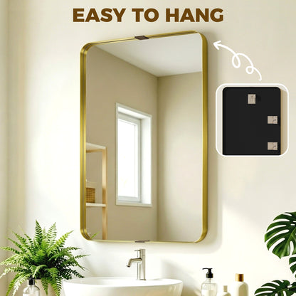 Rectangular Wall Mirror, 90 x 60 cm Wall Mounted Bathroom Mirror w/ Aluminium Alloy Frame and Tempered Glass, Gold Tone
