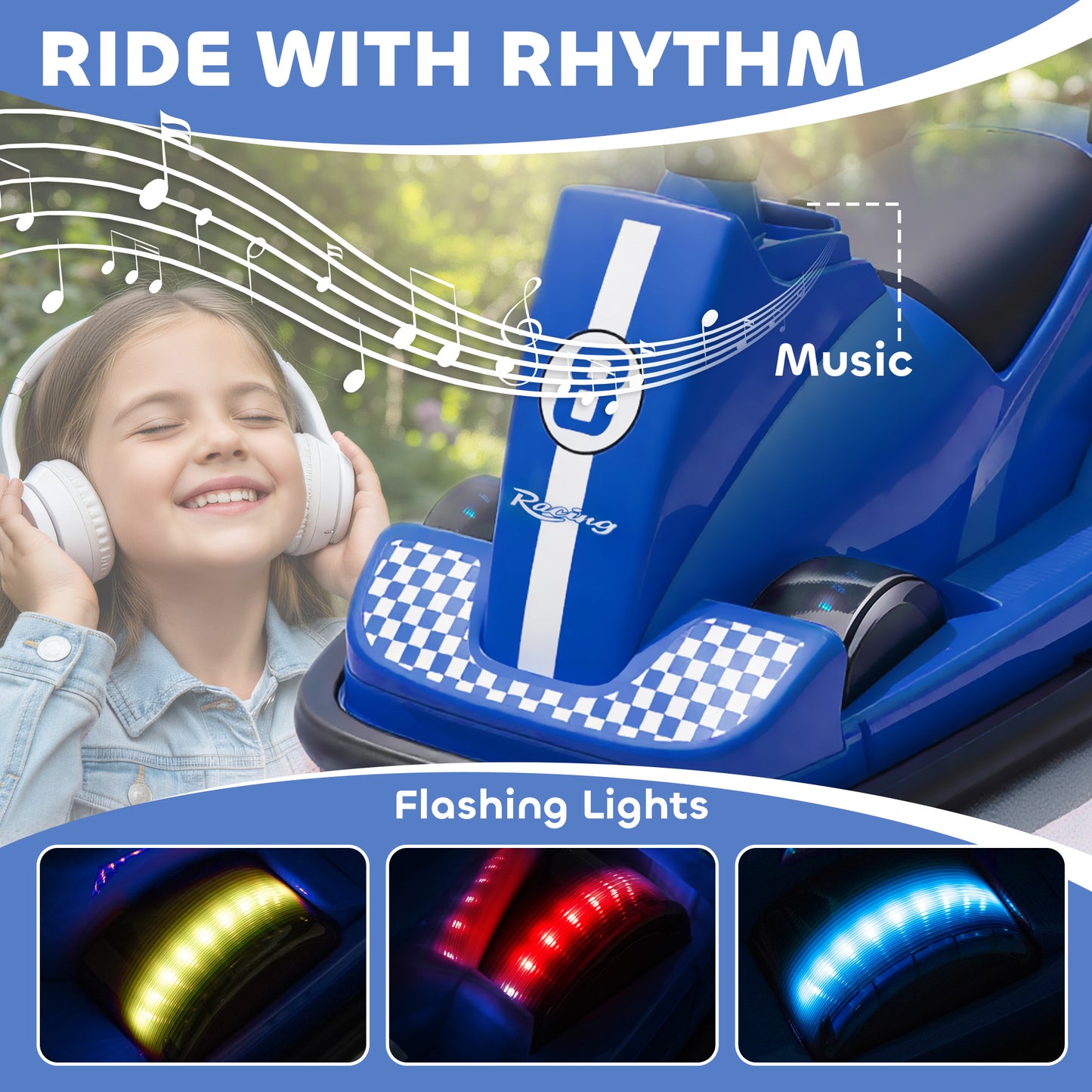 Kids Bumper Car, 360° Rotation Spin Electric Waltzer Car with LED Lights, Music for Ages 3-8 Years Old, Blue