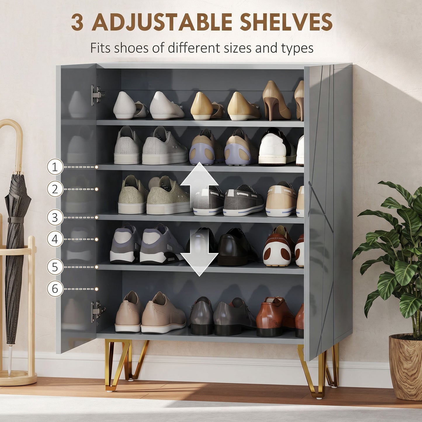 Narrow Shoe Storage Cabinet with Soft-Close Hinges and Adjustable Shelves for 15-20 Pairs of Shoes, Grey