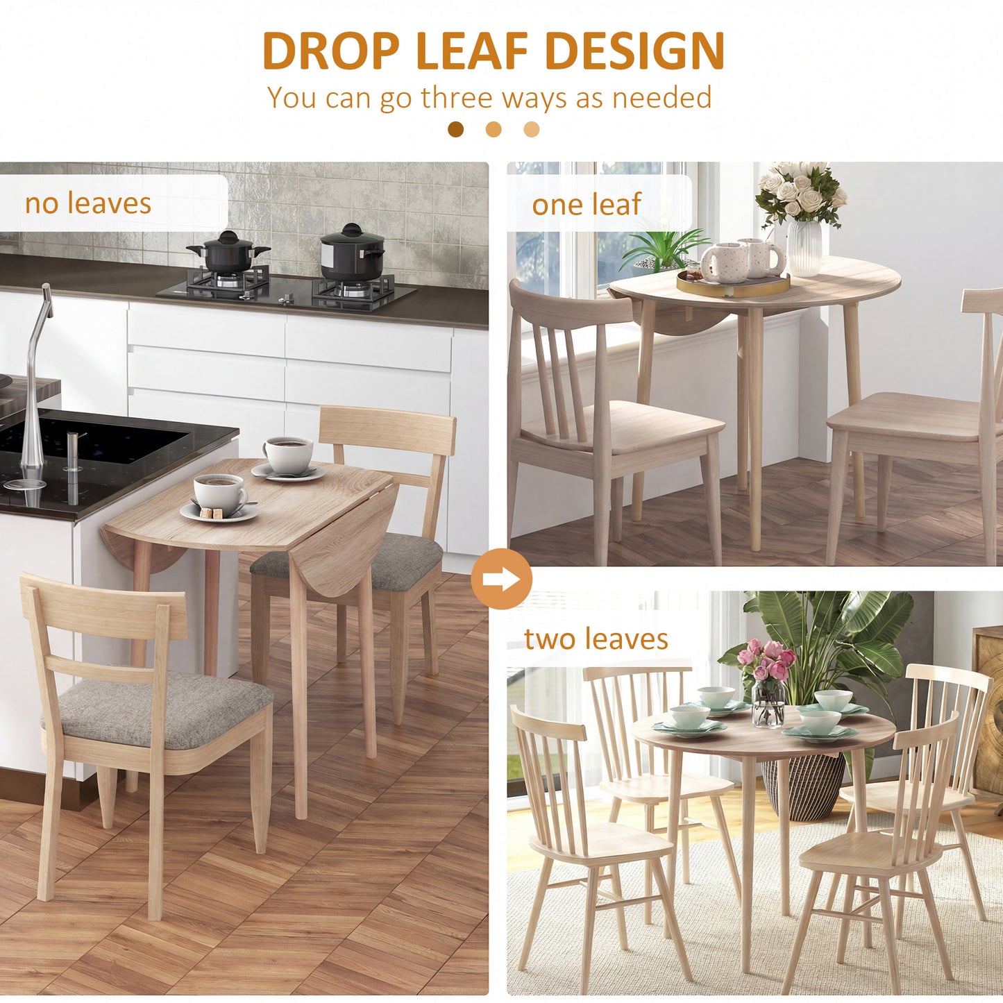 Folding Dining Table for 4, Round Drop Leaf Table, Modern Space Saving Small Kitchen Table with Wood Legs for Dining Room