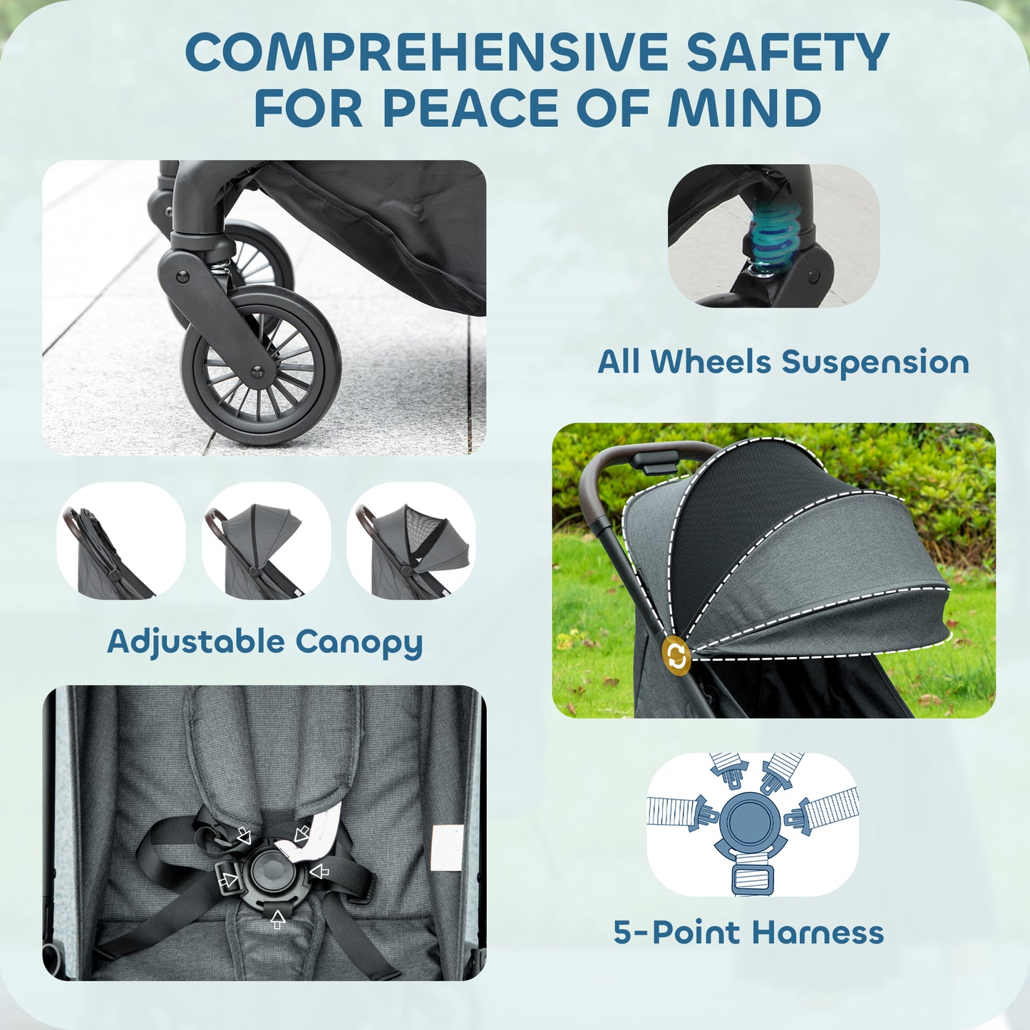 Foldable Baby Stroller with Adjustable Seat, 5-Point Harness, Canopy, Basket, 6.3kg Lightweight & Compact, Dark Grey