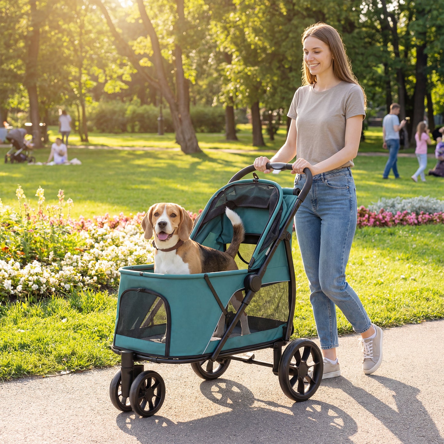 Dog Stroller, 3 Wheels Pet Stroller with Dual Entry, Easy One-Click Quick Fold, Mesh Windows, Washable Cushion