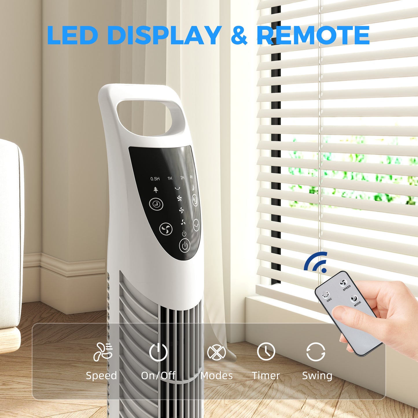 Tower Fan Oscillating 3 Speeds 3 Winds 40W w/ RC Timer Quiet - White