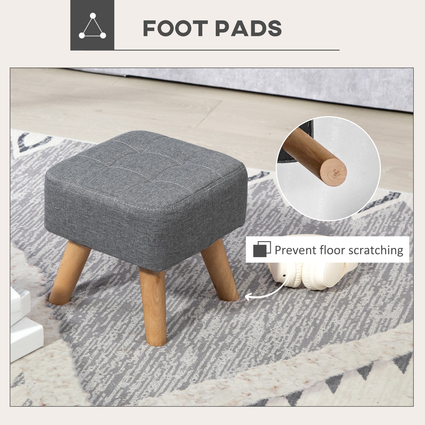 Linen-Look Square Padded Footstool - Grey