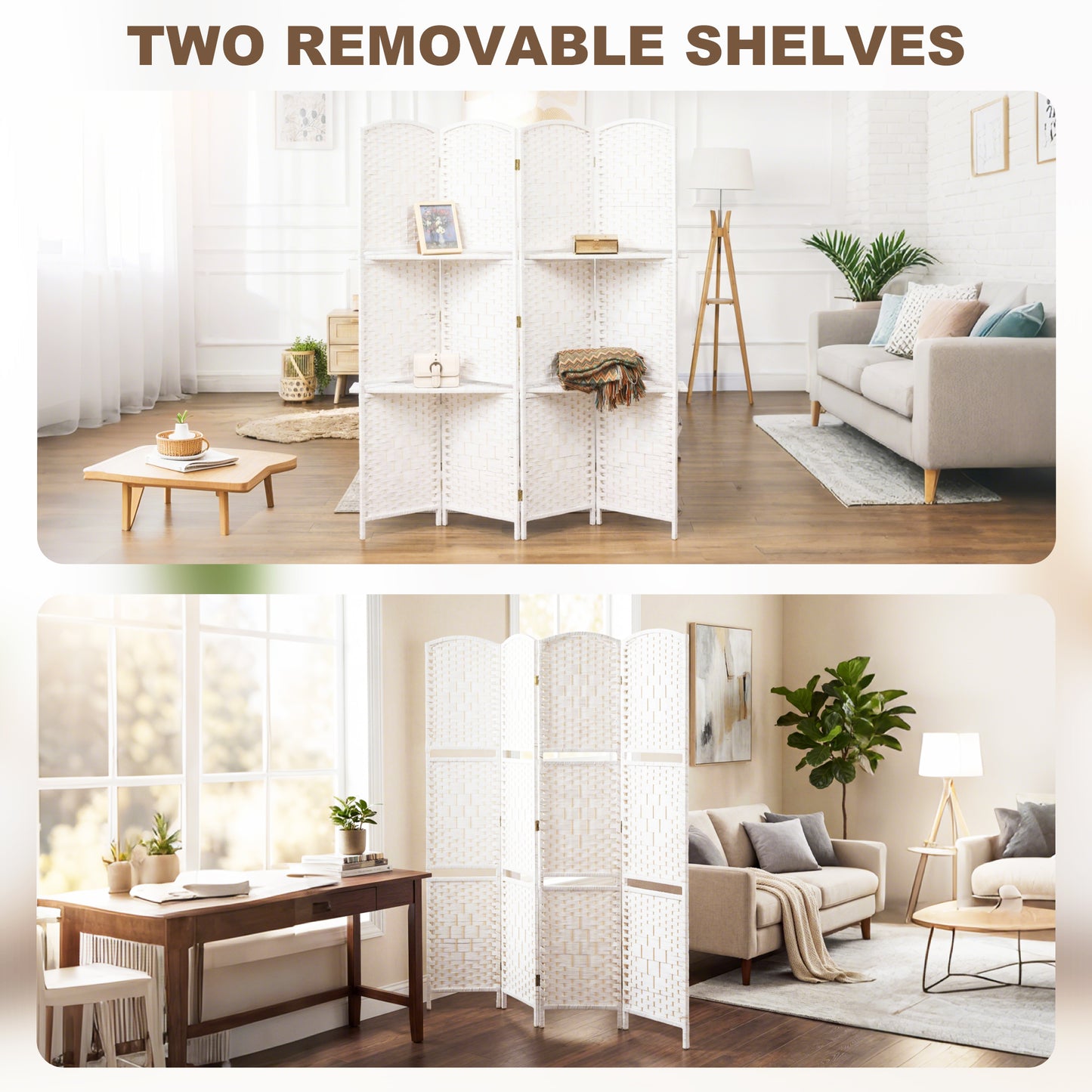 Freestanding Privacy Screen, 4 Panel Folding Room Divider for Living Room, Bedroom and Office, 160 x 170cm, White