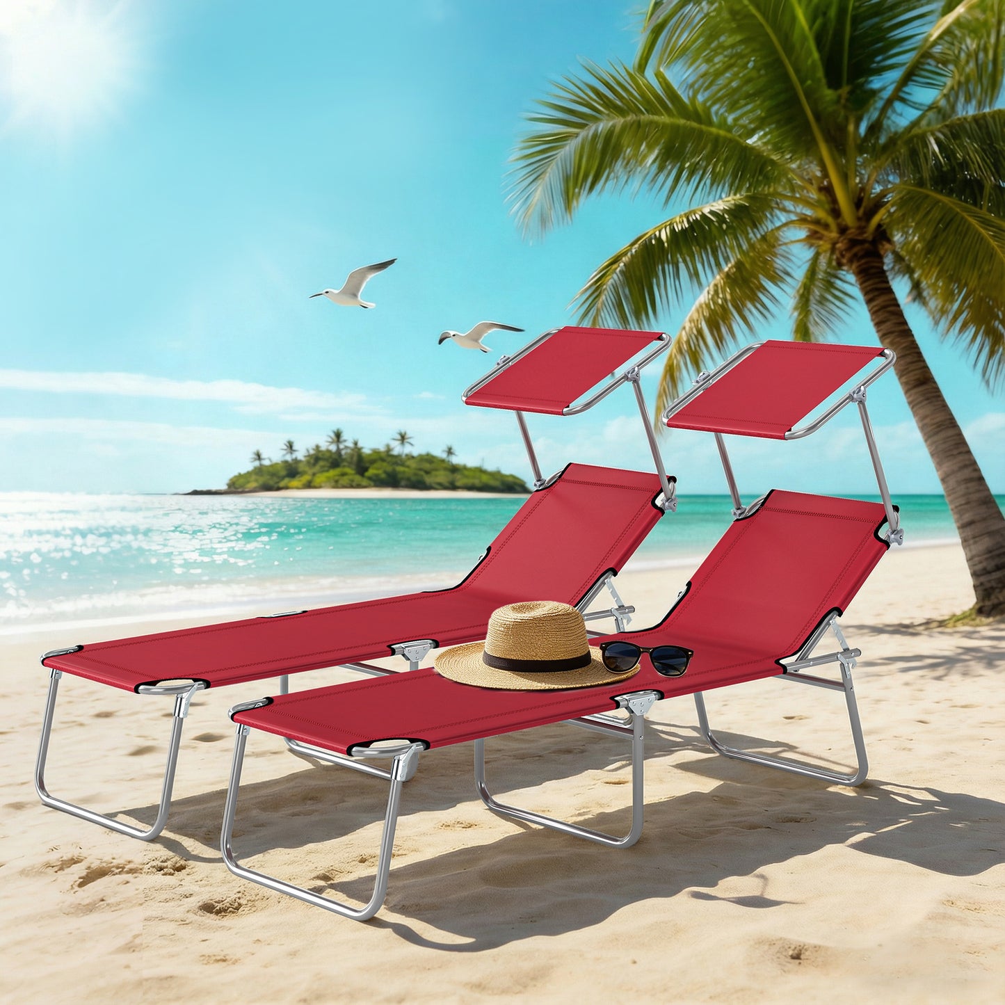 Outdoor Foldable Sun Lounger Set of 2, 4 Level Adjustable Backrest Reclining Sun Lounger Chair with Angle