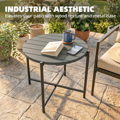 54 cm Round Outdoor Side Table, Industrial Small Garden Table with Slatted Wood Top and Metal Frame, Dark Grey