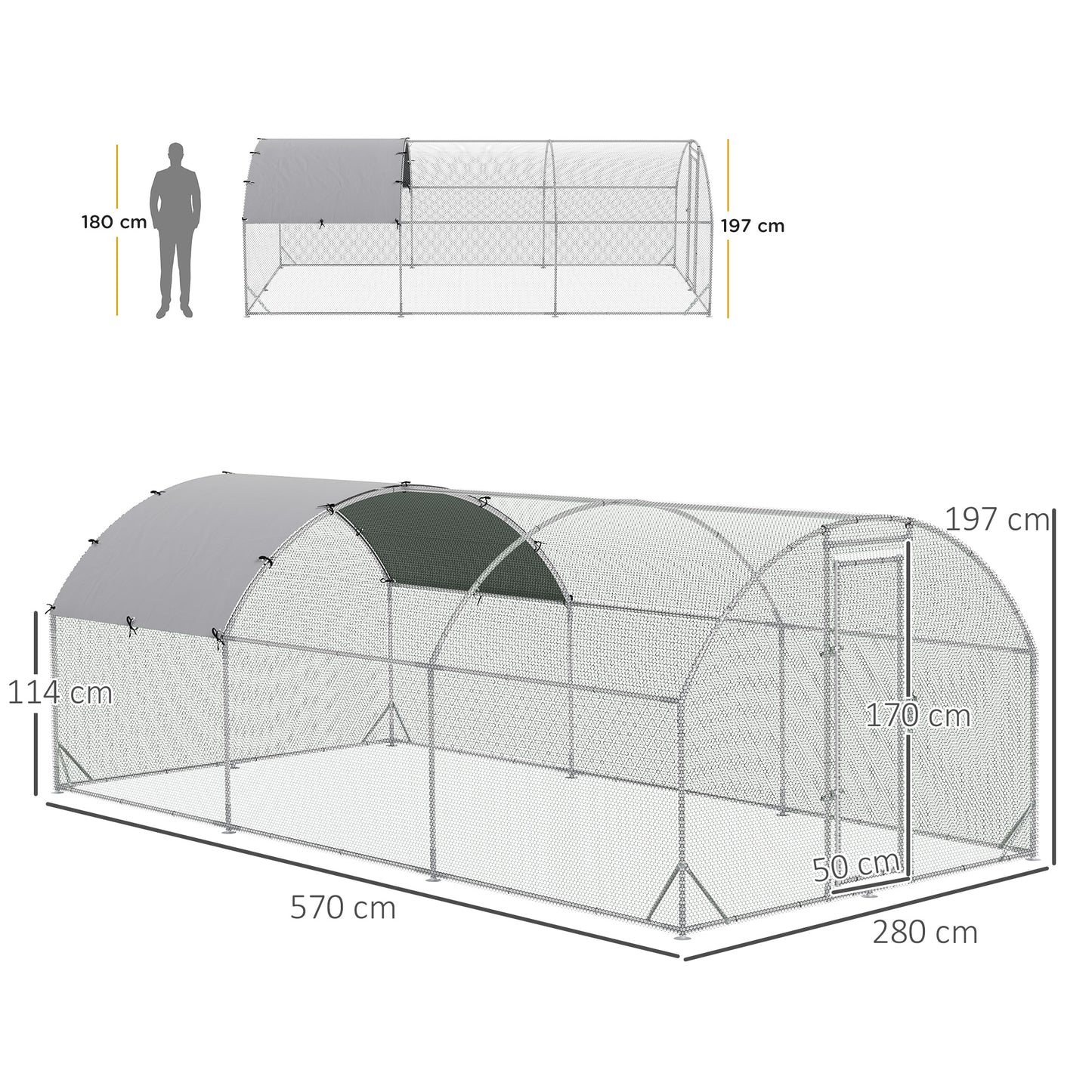 Large Galvanised Chicken Coop with Cover 5.7x2.8x2m Outdoor for Hens - Silver Grey