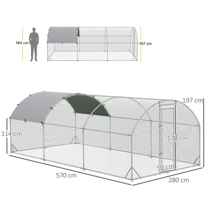 Large Galvanised Chicken Coop with Cover 5.7x2.8x2m Outdoor for Hens - Silver Grey