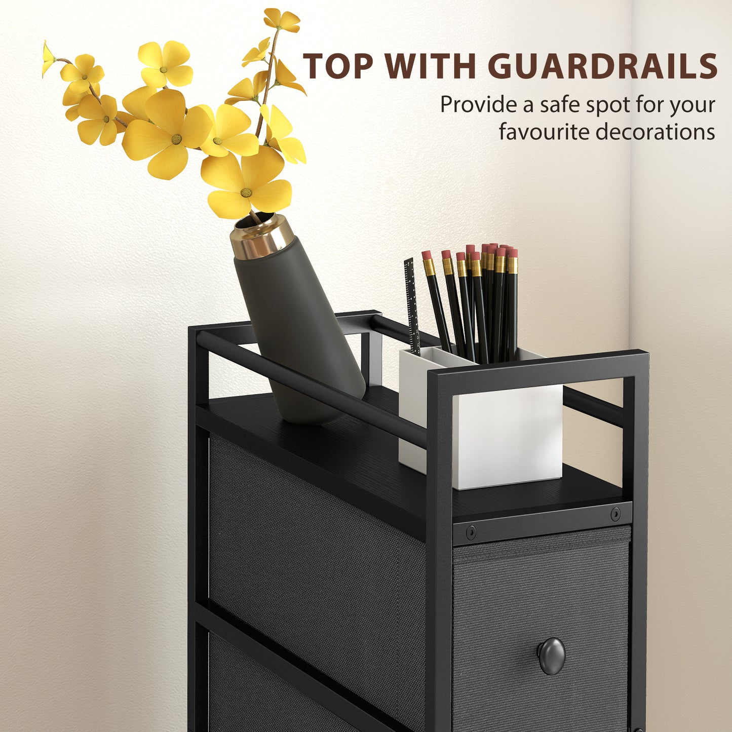 4 Drawer Fabric Dresser Chest of Drawers, Slim Storage Cabinet with Steel Frame for Small Spaces, Bedroom, Black