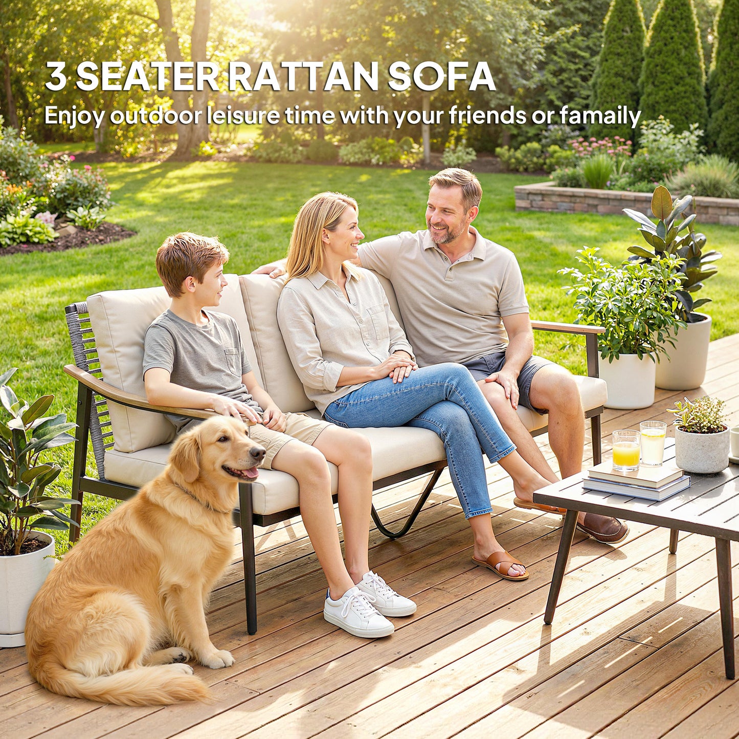 3 Seater Rattan Sofa, Outdoor Garden Sofa with Wood-Effect Armrests, Cushions for Patio, Balcony, Khaki