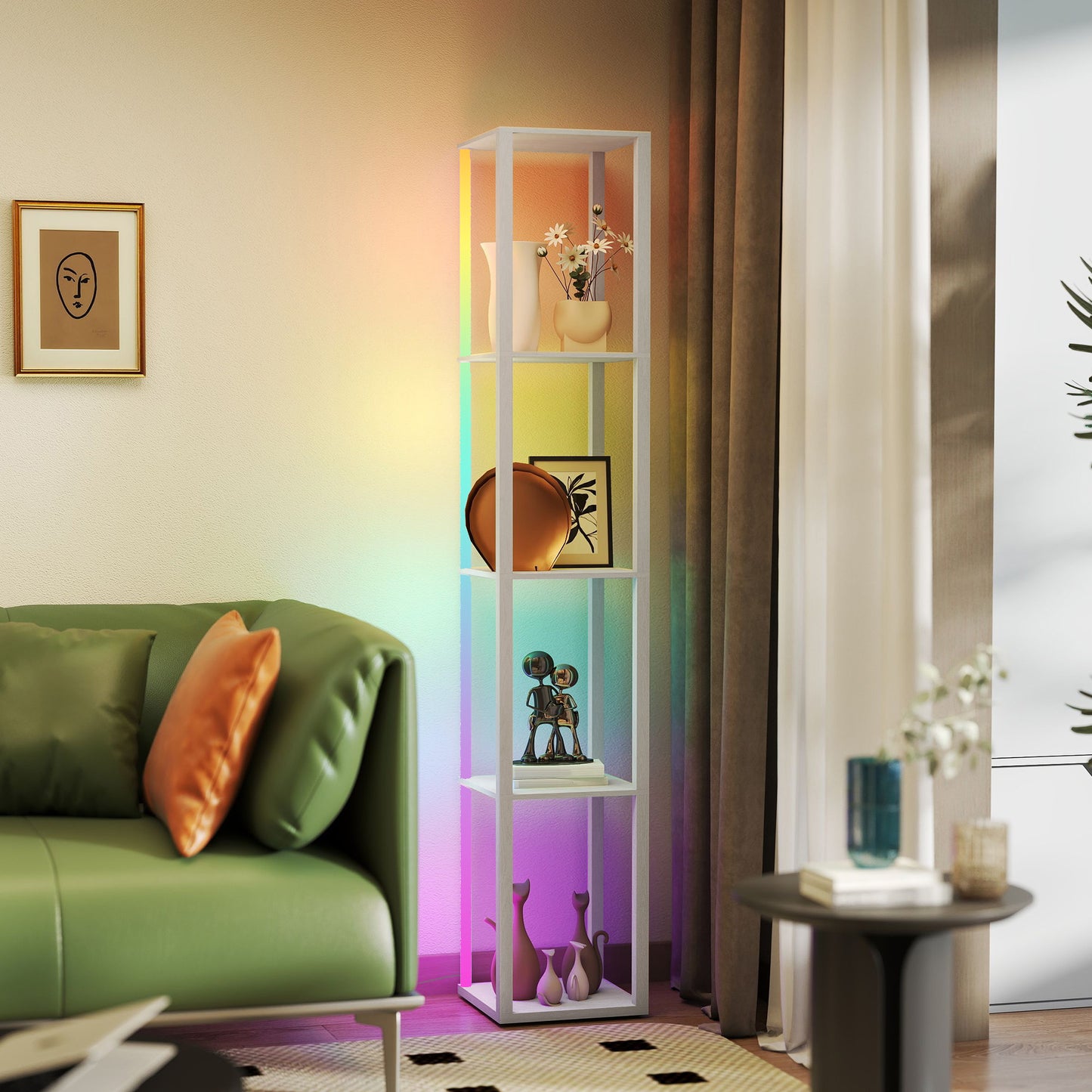 RGB LED Floor Lamp with Shelves, Modern Dimmable Standing Lamp with Remote Control