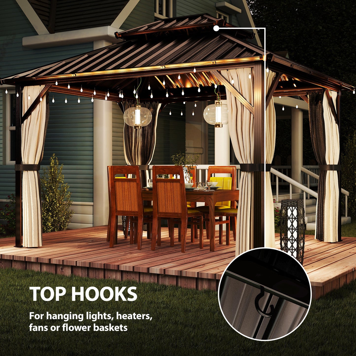3x3.6 m Hardtop Gazebo Canopy with UPF50+ Double Galvanised Steel Roof, Aluminium Garden Gazebo Permanent Pavilion, Brown