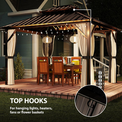 3x3.6 m Hardtop Gazebo Canopy with UPF50+ Double Galvanised Steel Roof, Aluminium Garden Gazebo Permanent Pavilion, Brown