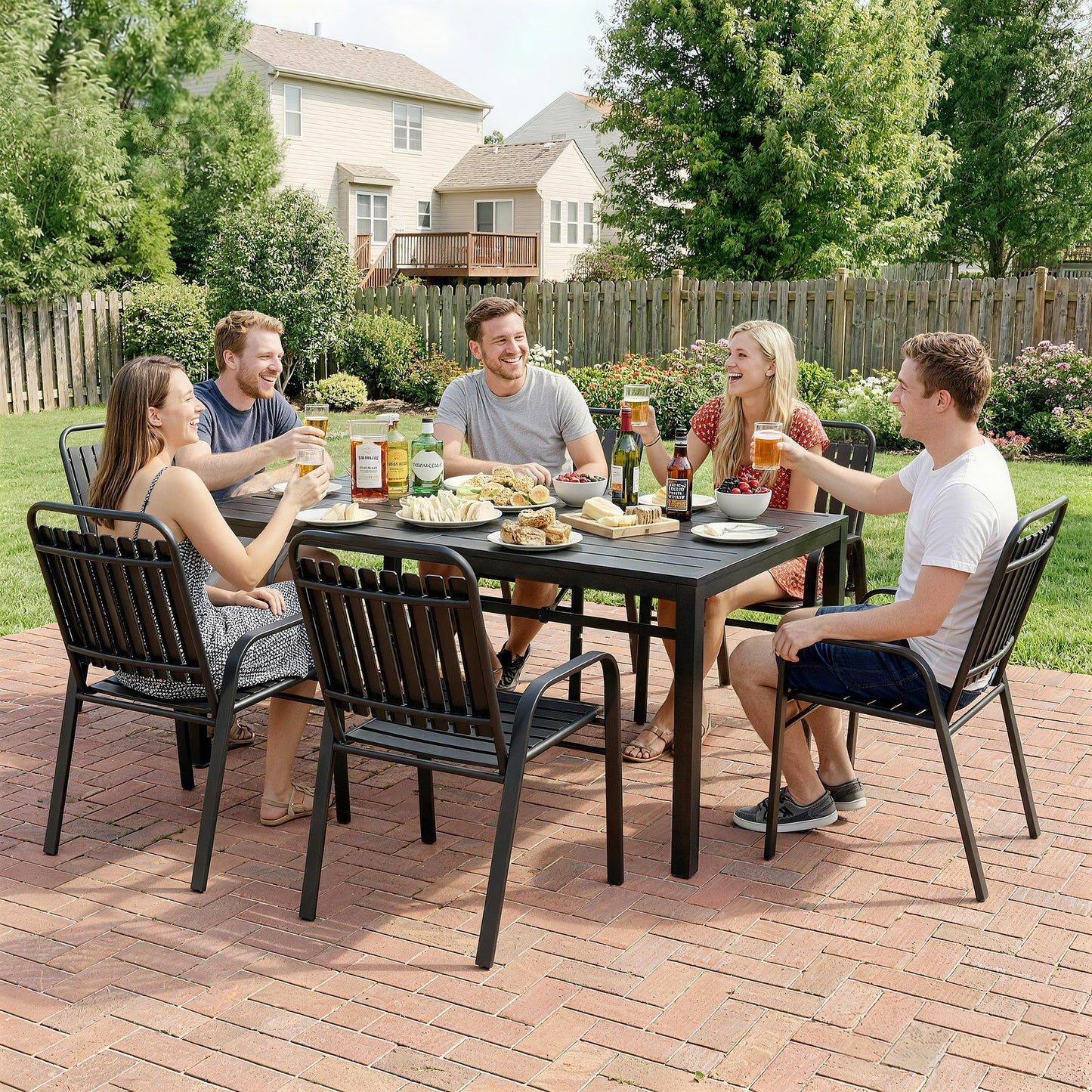 7 Pieces Outdoor Dining Set with Umbrella Hole, Garden Table and Chairs Set for 6 with Metal Table and Stackable Chairs