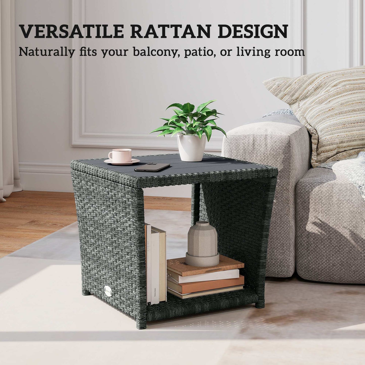 Side Table 2-Tier Outdoor Coffee Table with Storage Shelf PS Wood Slat Top/Grey