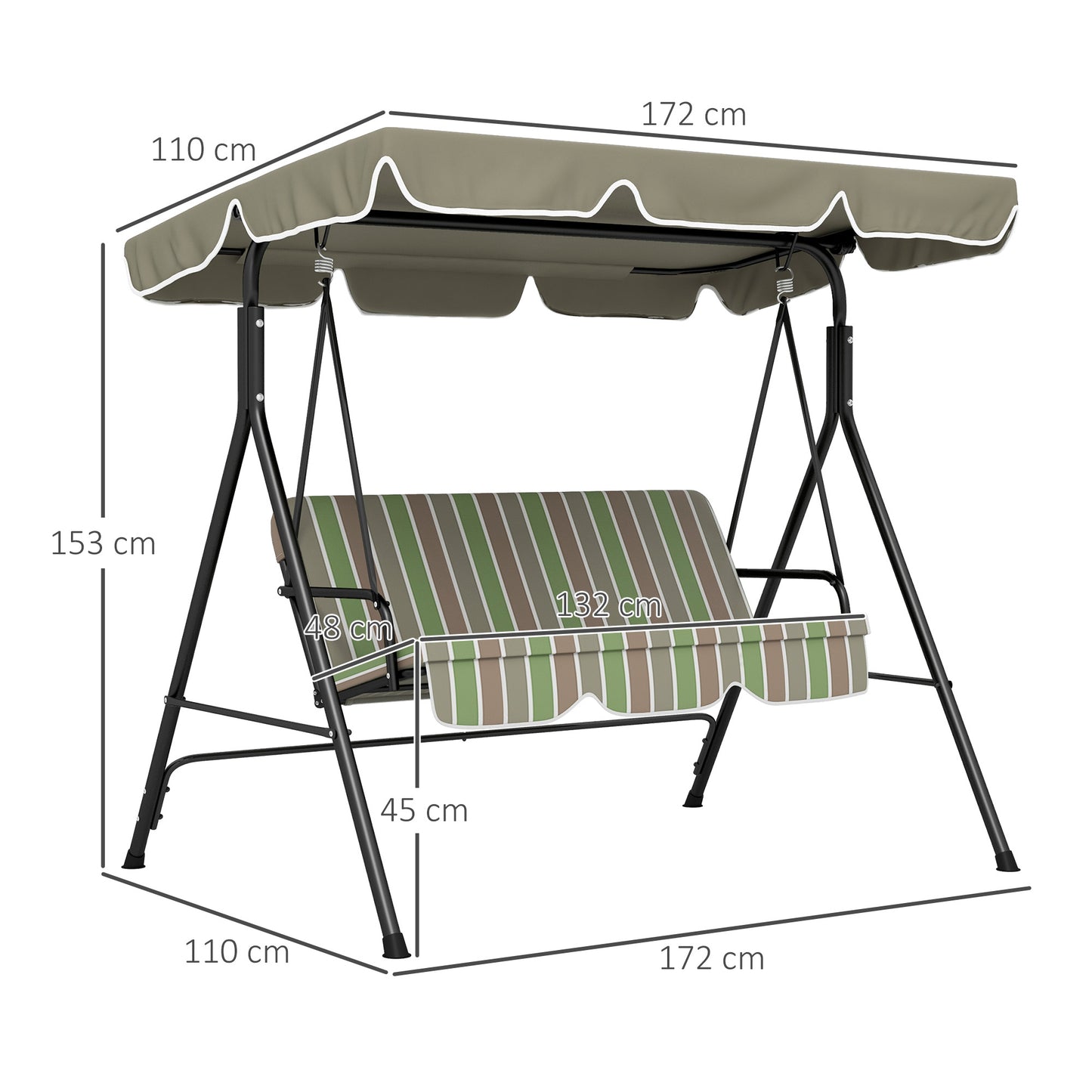 Three-Seater Garden Swing Chair, with Adjustable Canopy - Green
