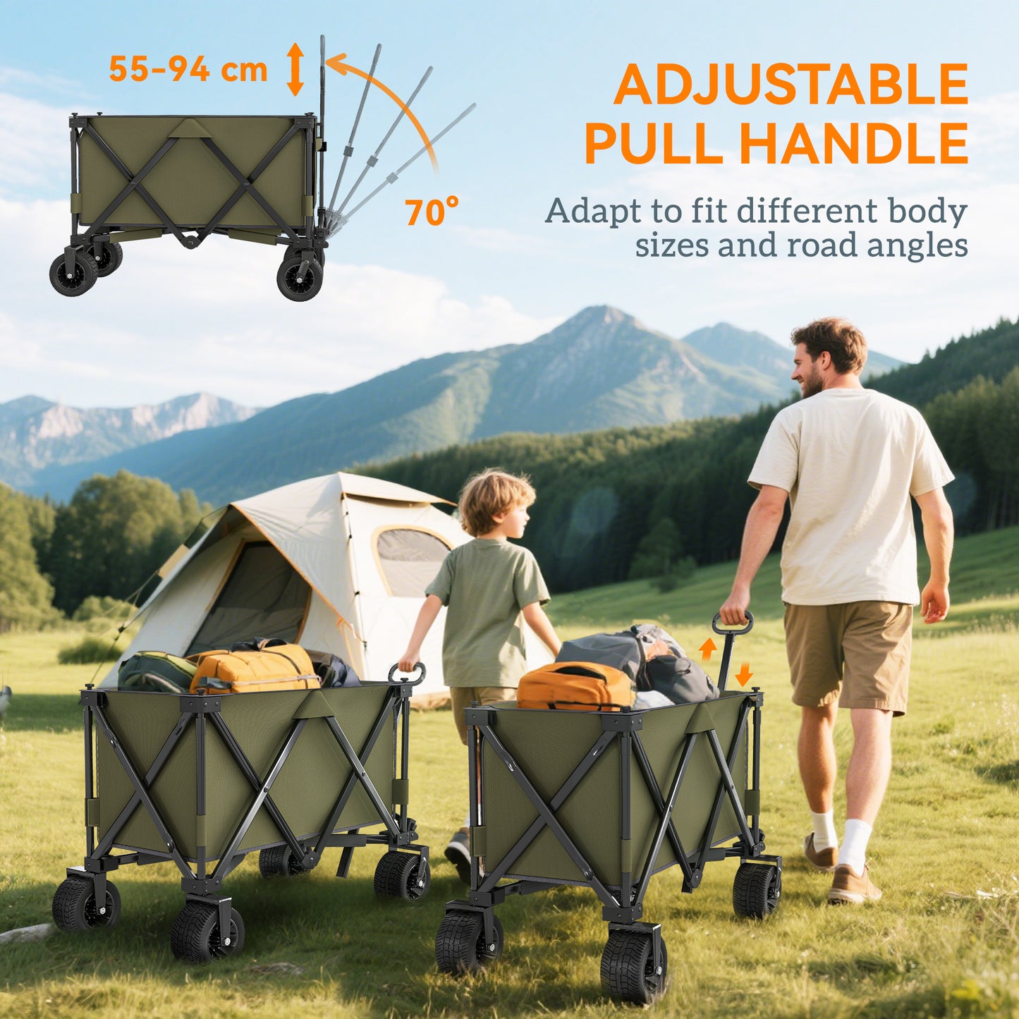 300L Festival Trolley on Wheels, Folding Camping Trolley Cart, Heavy Duty Collapsible Wagon Cart with Wide Wheels