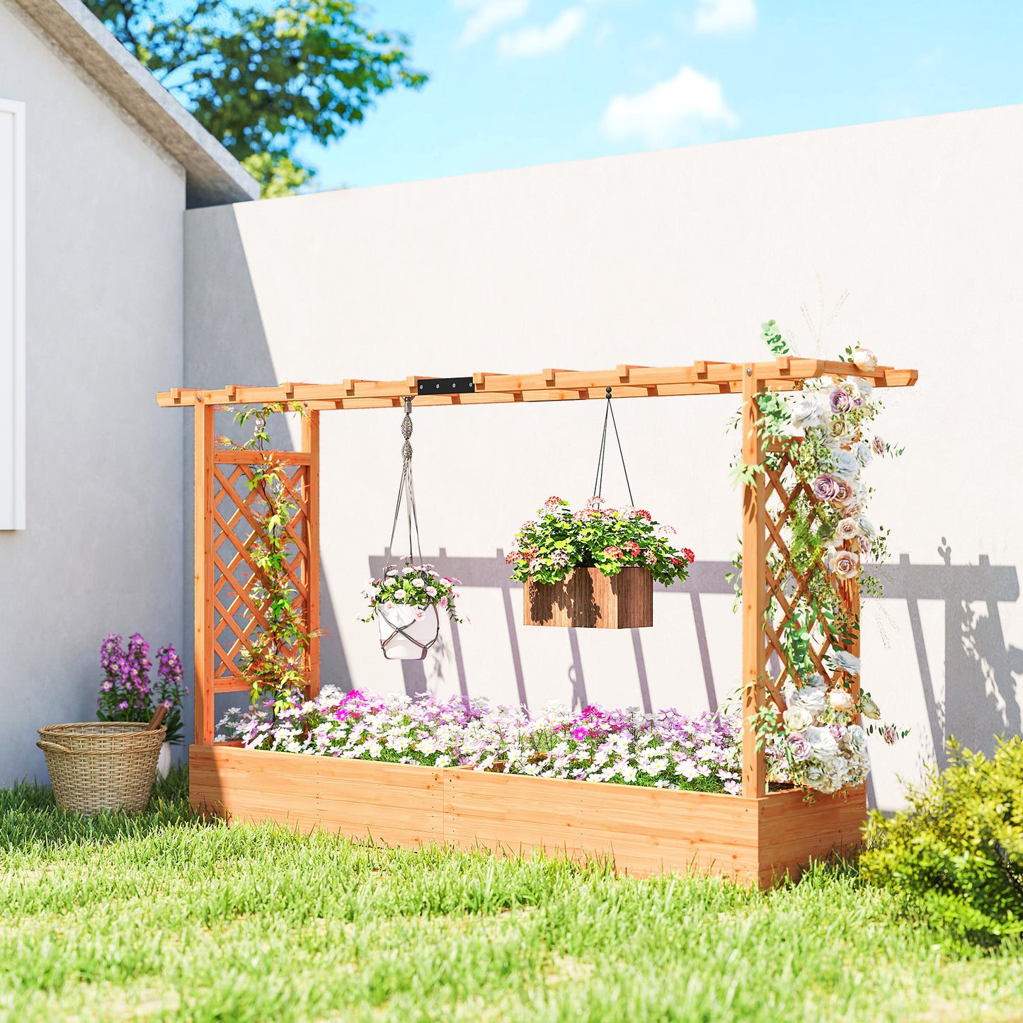 Raised Planter with Trellis, Wooden Raised Bed with Hanging Roof and Drainage Holes for Garden, Natural