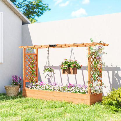 Raised Planter with Trellis, Wooden Raised Bed with Hanging Roof and Drainage Holes for Garden, Natural