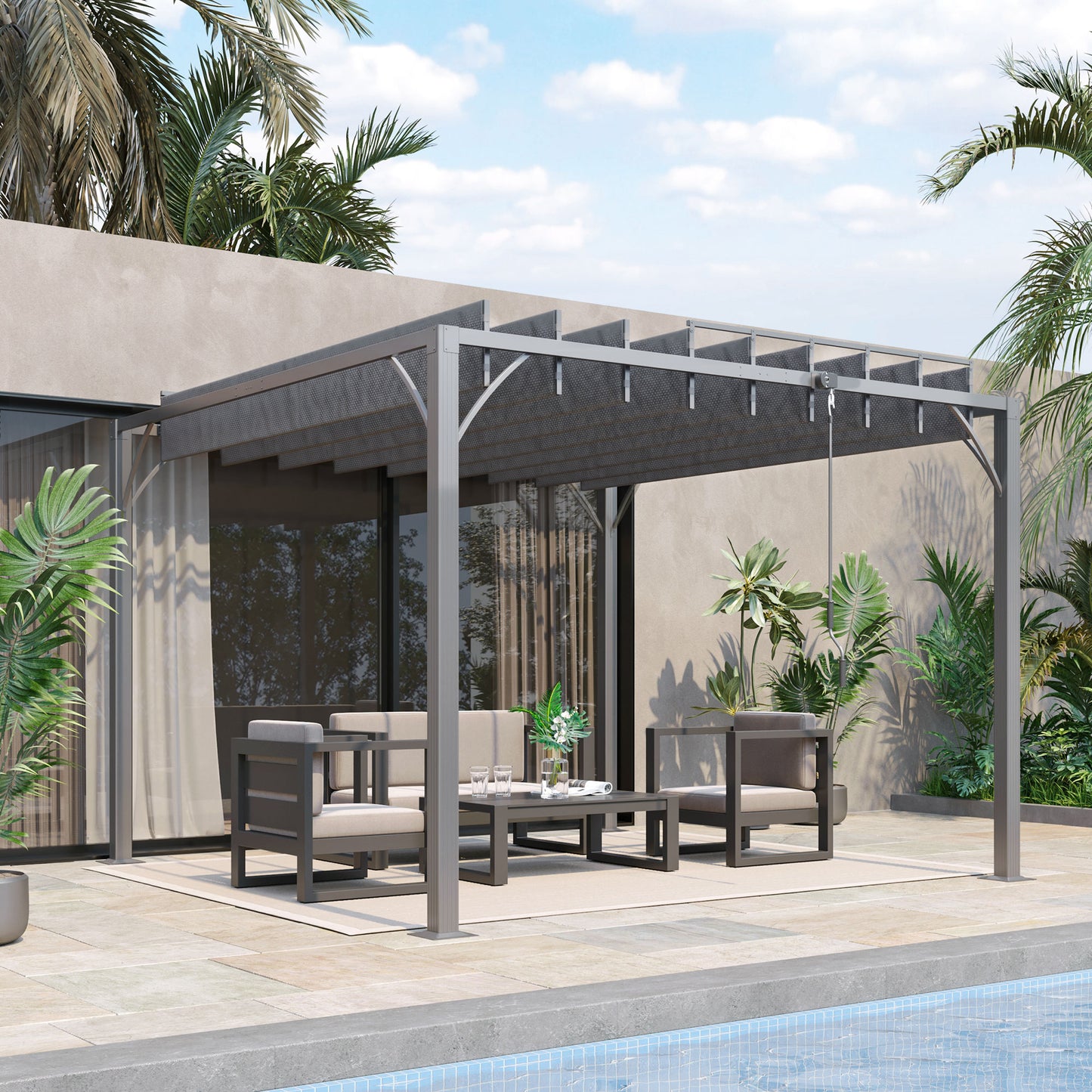 3 x 3(m) Outdoor Pergola with Retractable Roof, Aluminium Louvered Patio Gazebo Canopy for Garden, Patio, Grey