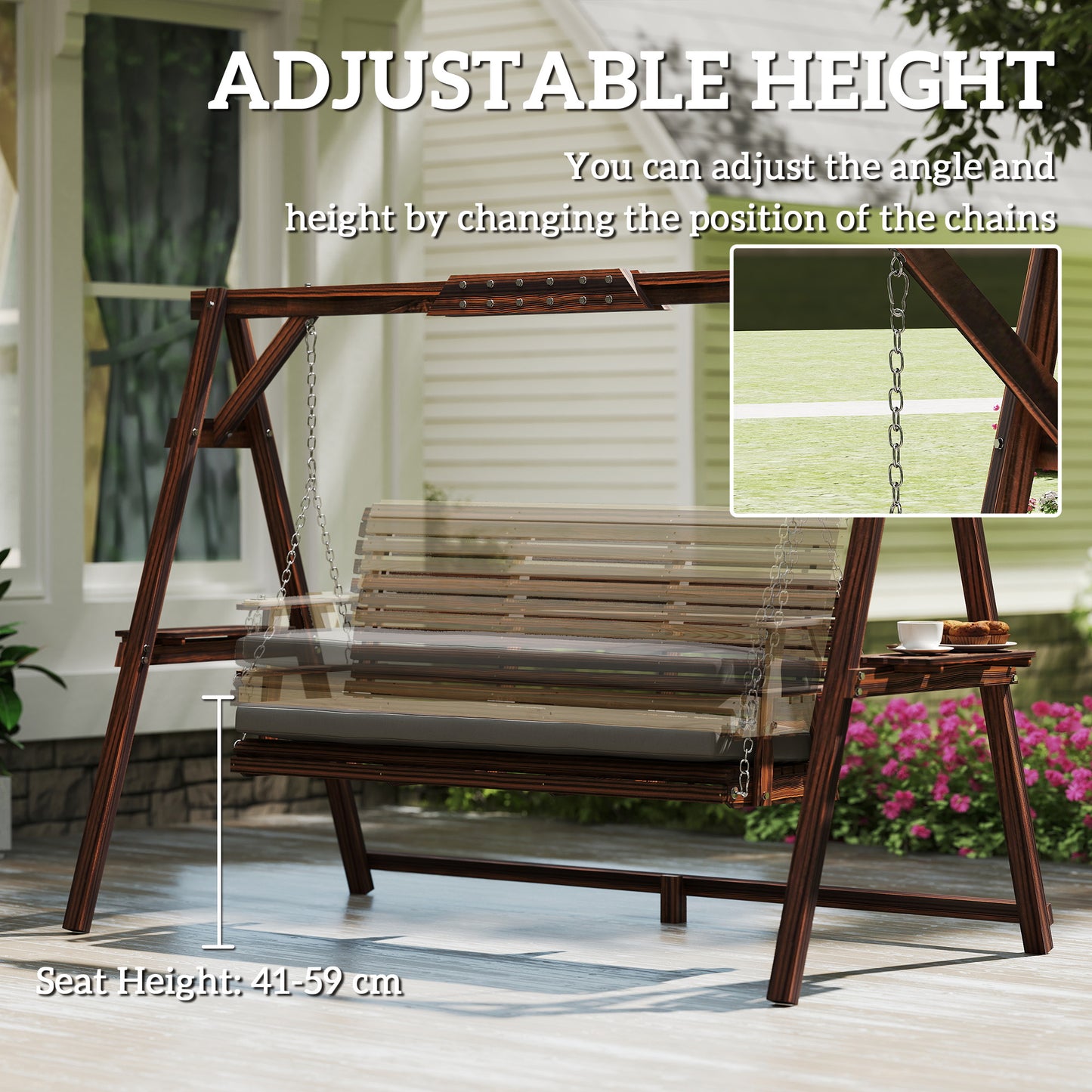 3 Seater Garden Swing Seat, Wooden Swing Chair Bench with Cushion, Side Trays and Metal Chains, for Outdoor Porch Patio