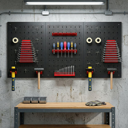 28 Pcs Wall-Mounted Pegboard with 3 Boards, Garage Tool Storage Unit Black and Red