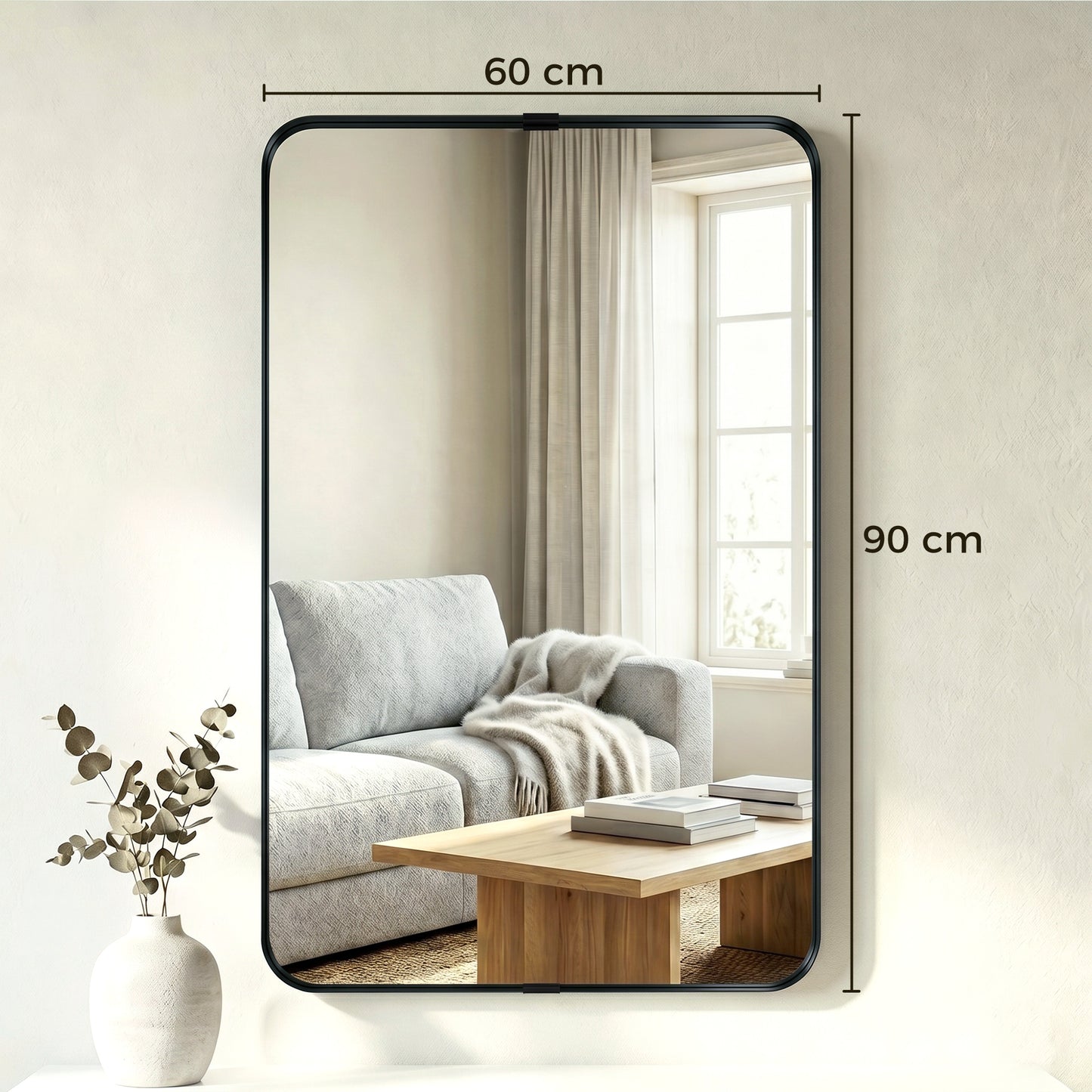 Rectangular Wall Mirror, 90 x 60 cm Wall Mounted Bathroom Mirror with Aluminium Alloy Frame and Tempered Glass, Black