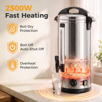 24L Catering Urn, 2500W Stainless Steel Hot Water Boiler Dispenser with Thermostat, Keep Warm Function and Easy Pour Tap