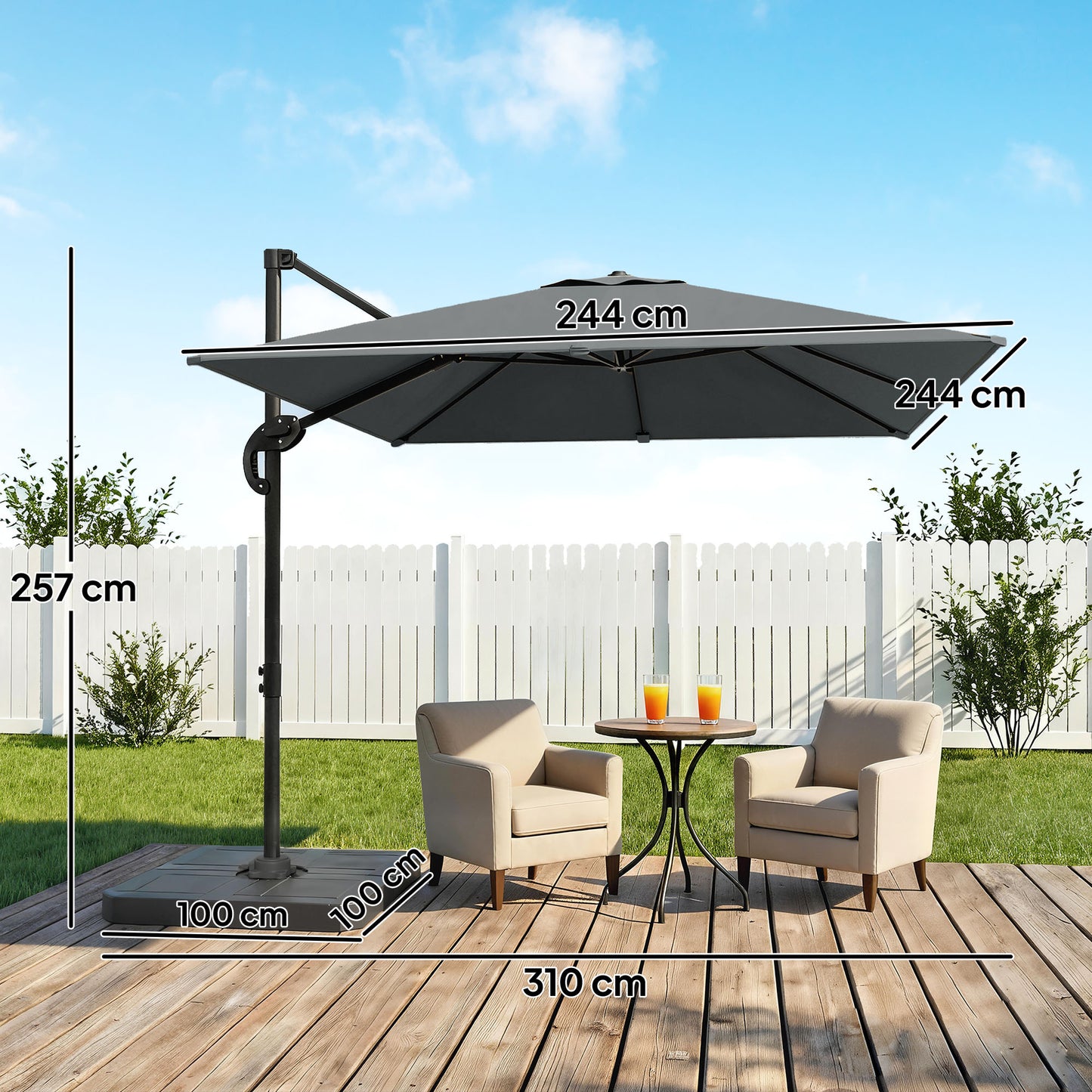 2.4 x 2.4m Cantilever Parasol with Umbrella Weights, UPF50+ Offset Outdoor Umbrella w/ Easy Tilt Adjustment, Dark Grey